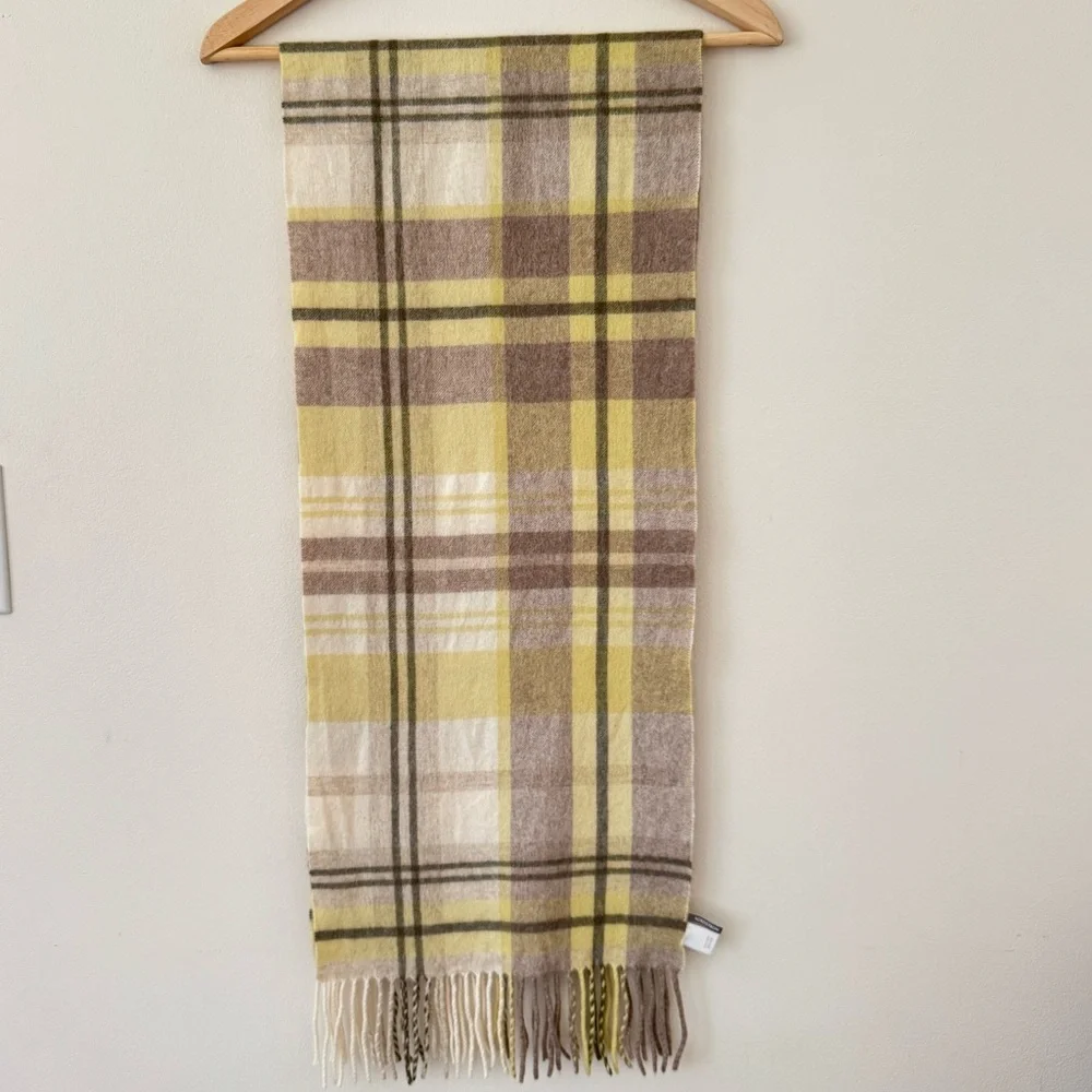 Nordstrom 100% Cashmere Plaid Scarf Yellow Tan Cream Fringe